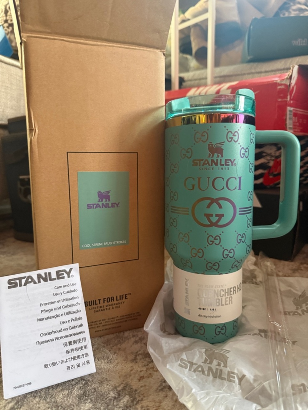 Custom designer Gucci Teal and Gold Stanley Travel Mug